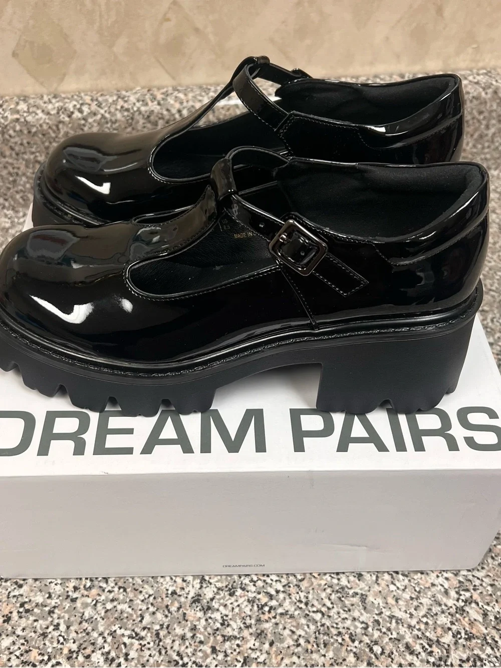 Dream Pairs Black Patent T-Strap Platform Mary Jane Heels